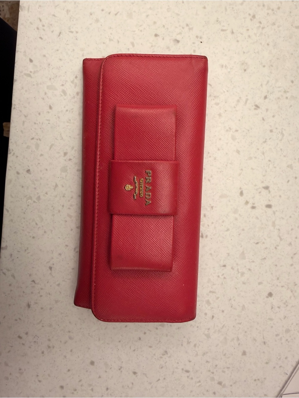 Prada Saffiano Leather Bow Wallet in Red with Gold Logo